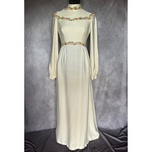 Vtg 60s 70s Maxi Dress Sm Yellow Floral Appliqué Long Sleeve Flower Child Hippie